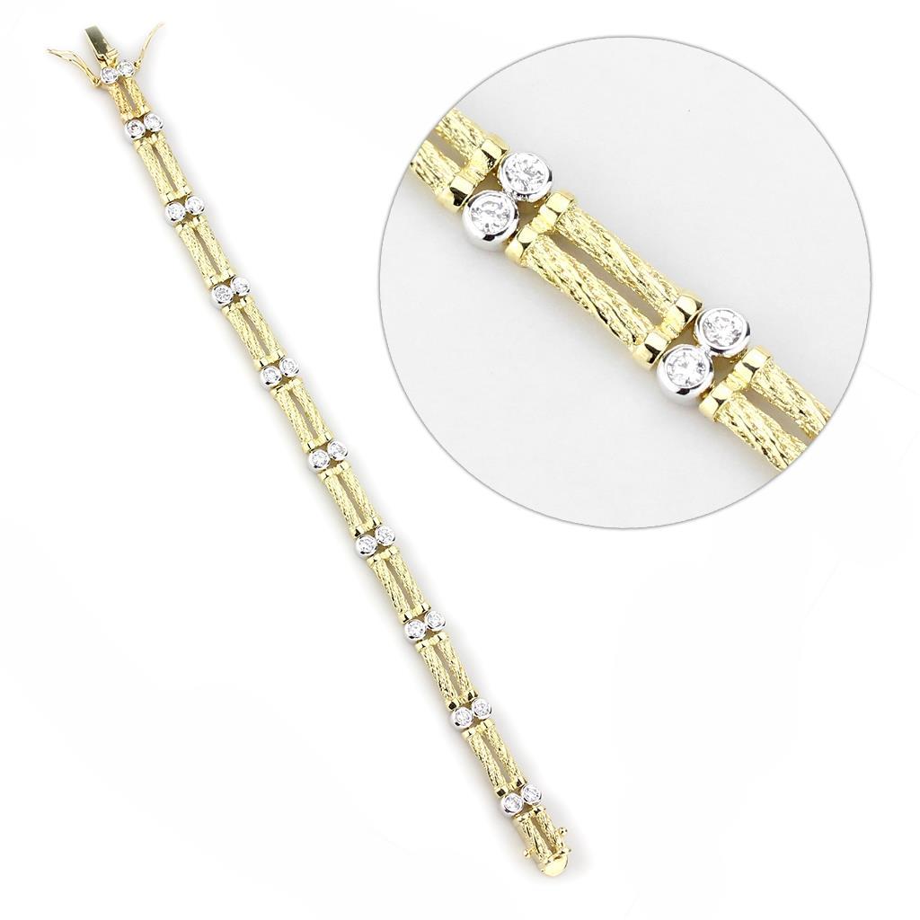 Gold and rhodium brass bracelet featuring a clear AAA grade cubic zirconia stone, elegantly designed for any occasion.