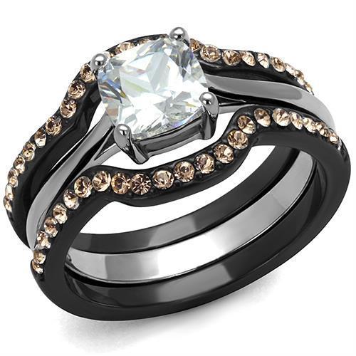 LOA1343 IP Black Stainless Steel Ring featuring a clear AAA Grade CZ stone, showcasing its elegant design and modern finish.