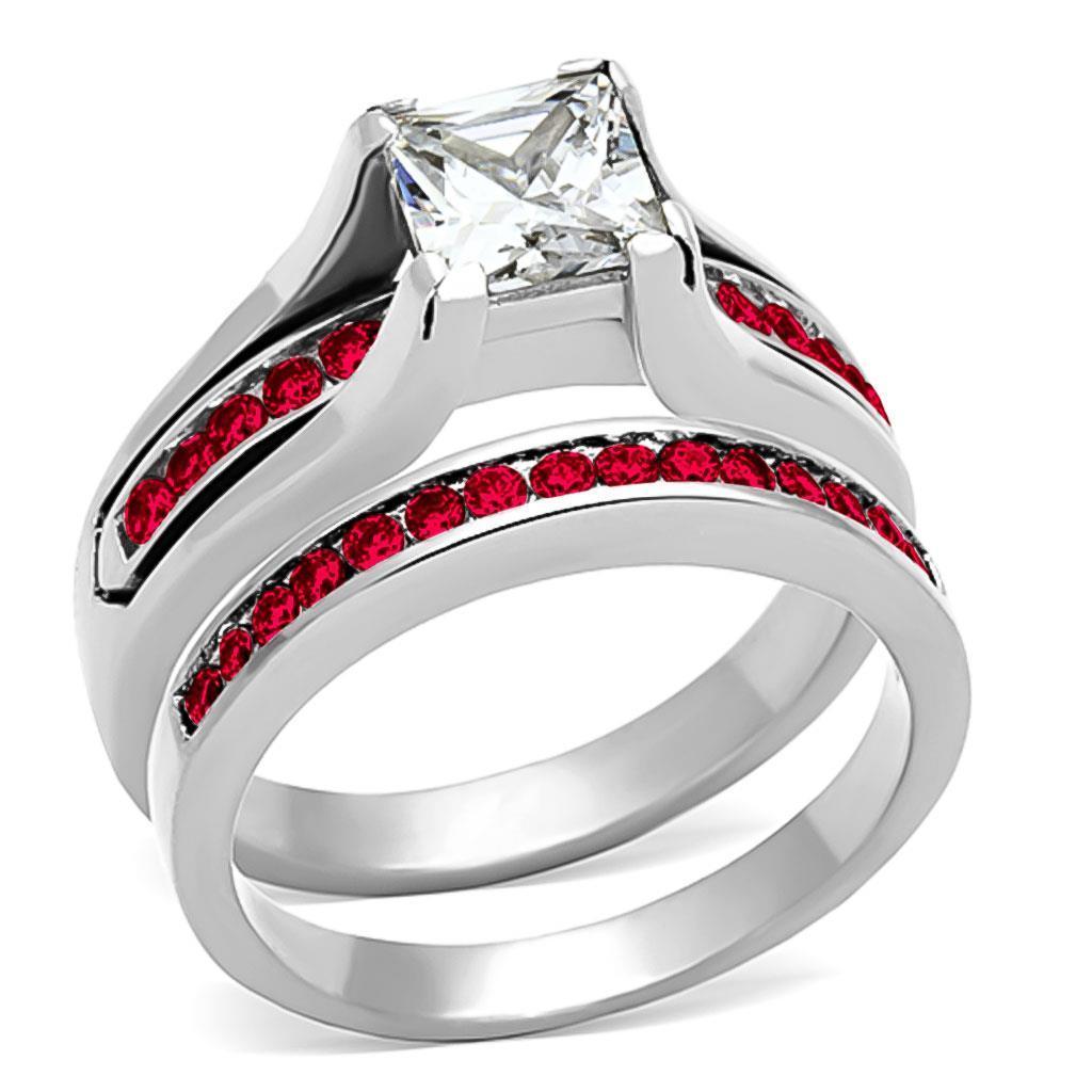 LOA1362 High Polished Stainless Steel Ring featuring a vibrant multi-color AAA Grade CZ stone, showcasing its elegant design and shine.
