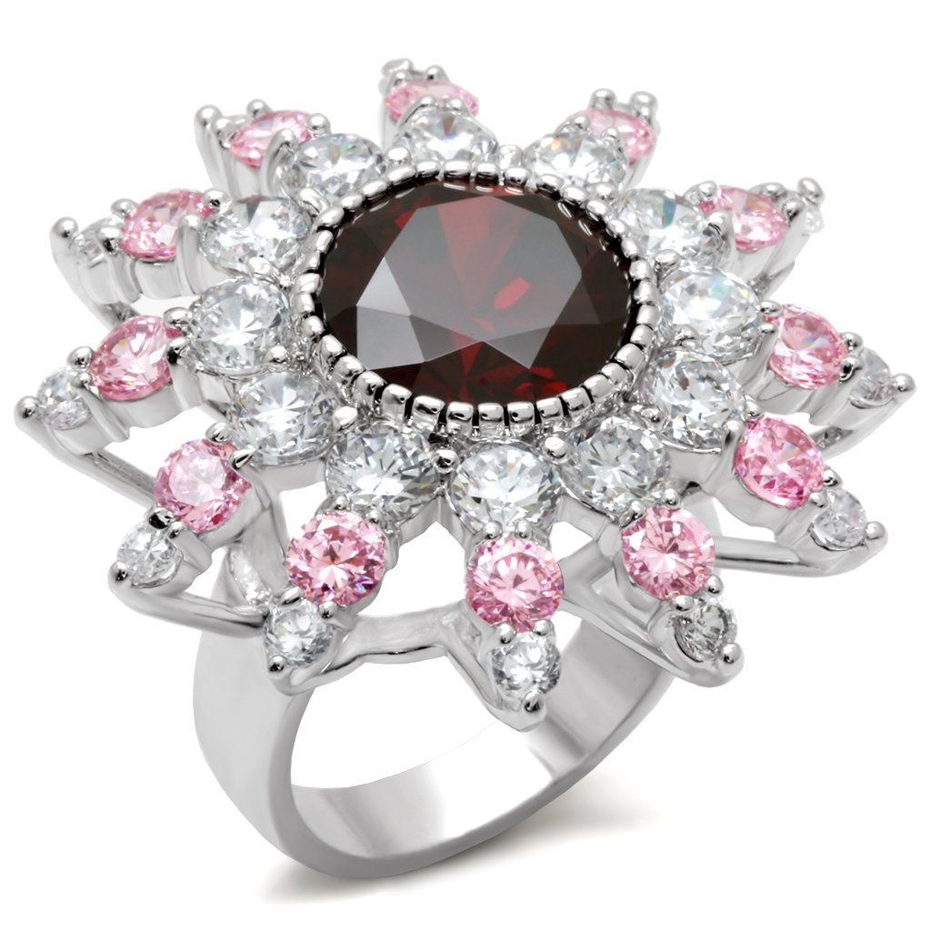 LOA458 Rhodium Brass Ring featuring AAA Grade CZ stones in vibrant multi-color design, showcasing its elegant craftsmanship.