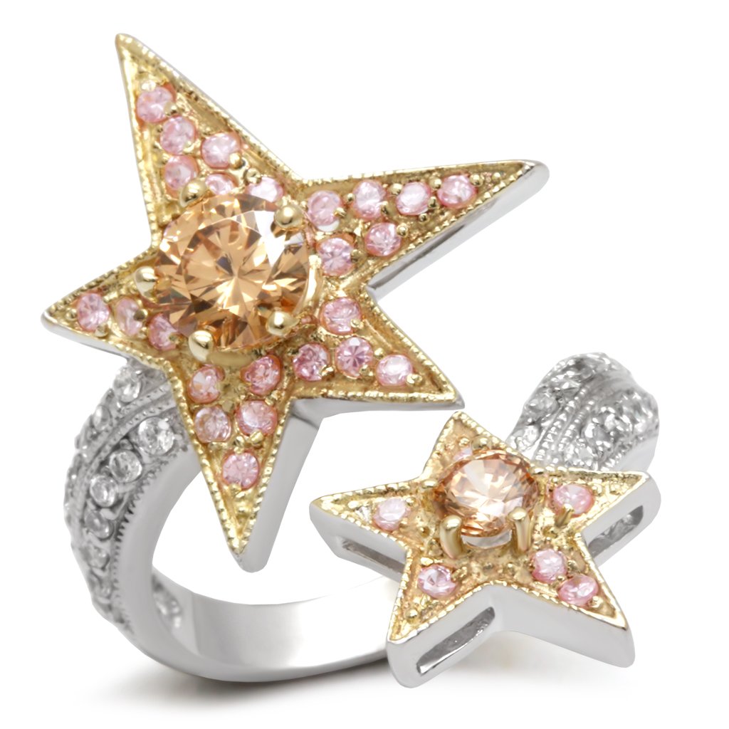 LOA501 Reverse Two-Tone Brass Ring featuring AAA Grade CZ in Champagne, showcasing its elegant design and sparkling center stone.