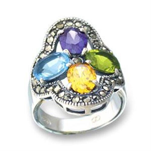 LOA522 Antique Tone 925 Sterling Silver Ring featuring a multi-color AAA Grade CZ stone, showcasing its elegant design and vintage appeal.