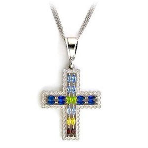 LOA556 Rhodium 925 Sterling Silver Necklace featuring AAA Grade CZ stones in a multi-color design, showcasing its elegant craftsmanship.