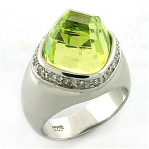 LOA640 Rhodium 925 Sterling Silver Ring featuring an apple green AAA grade CZ stone, showcasing its elegant design and shine.