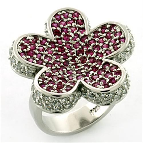 LOA647 Rhodium 925 Sterling Silver Ring featuring AAA Grade CZ in Siam color, showcasing its elegant design and sparkling center stone.