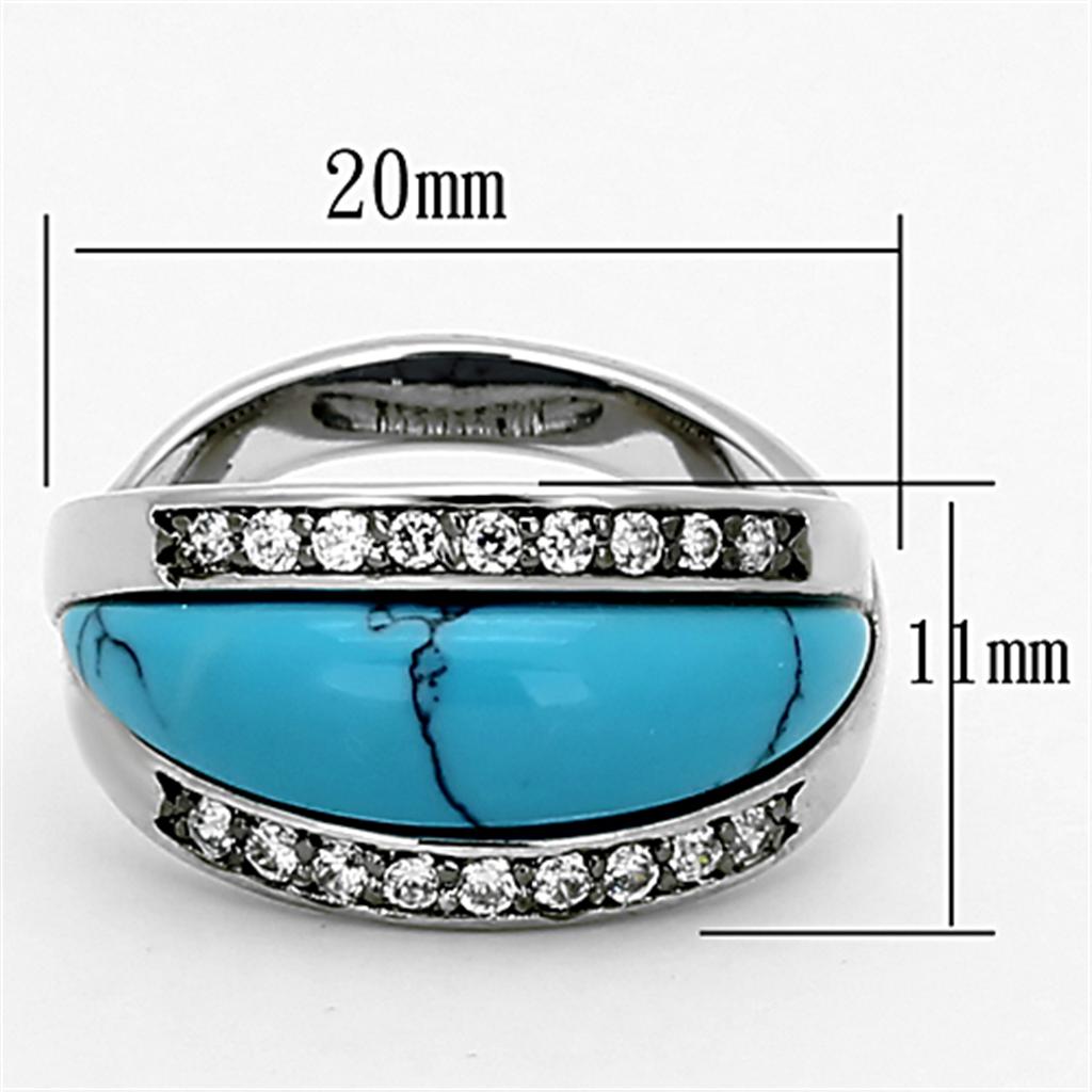 LOA882 Rhodium Brass Ring featuring a vibrant synthetic turquoise stone in sea blue, elegantly designed for stylish wear.