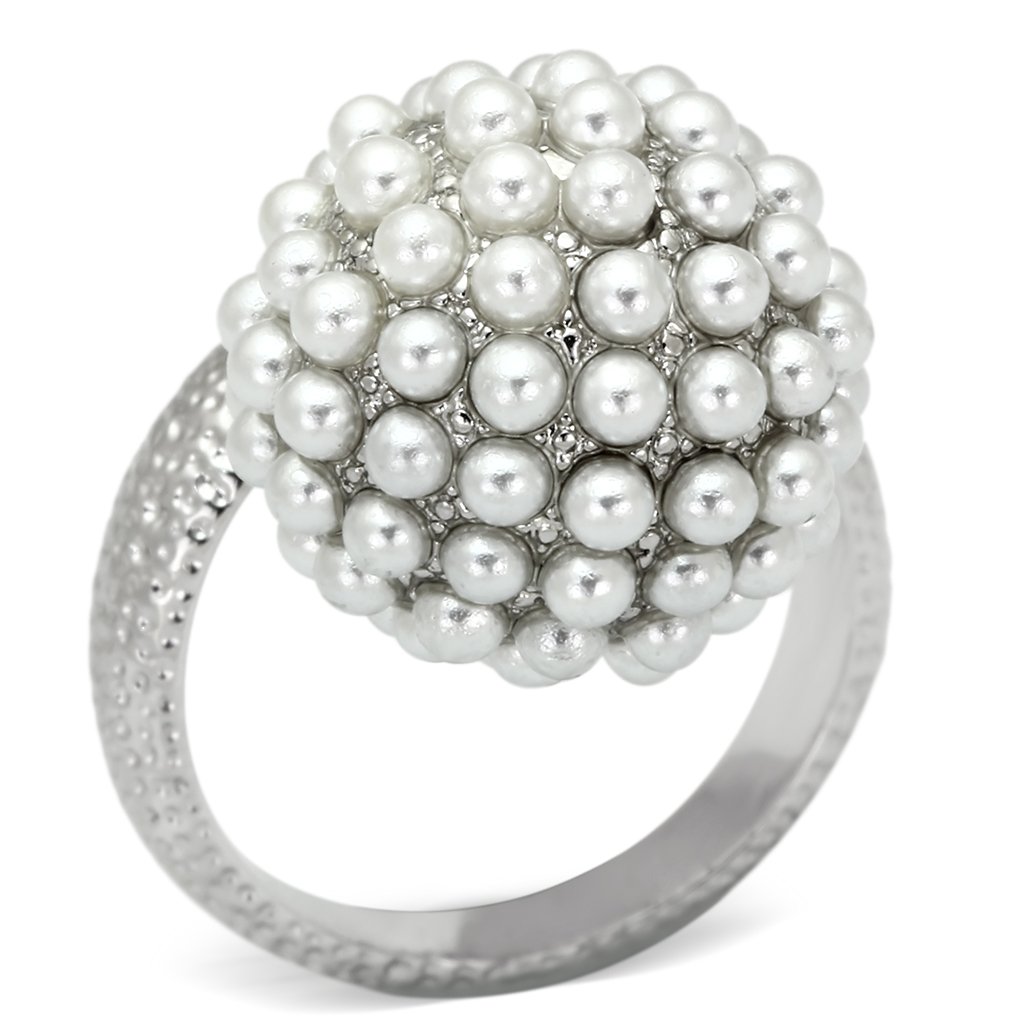 LOA831 Rhodium Brass Ring featuring a synthetic white pearl, showcasing its elegant design and shiny finish.