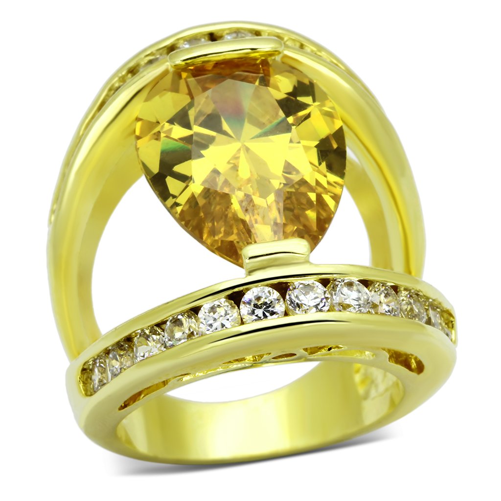 LOA849 Gold Brass Ring featuring AAA Grade CZ in Topaz, showcasing its elegant design and sparkling center stone.