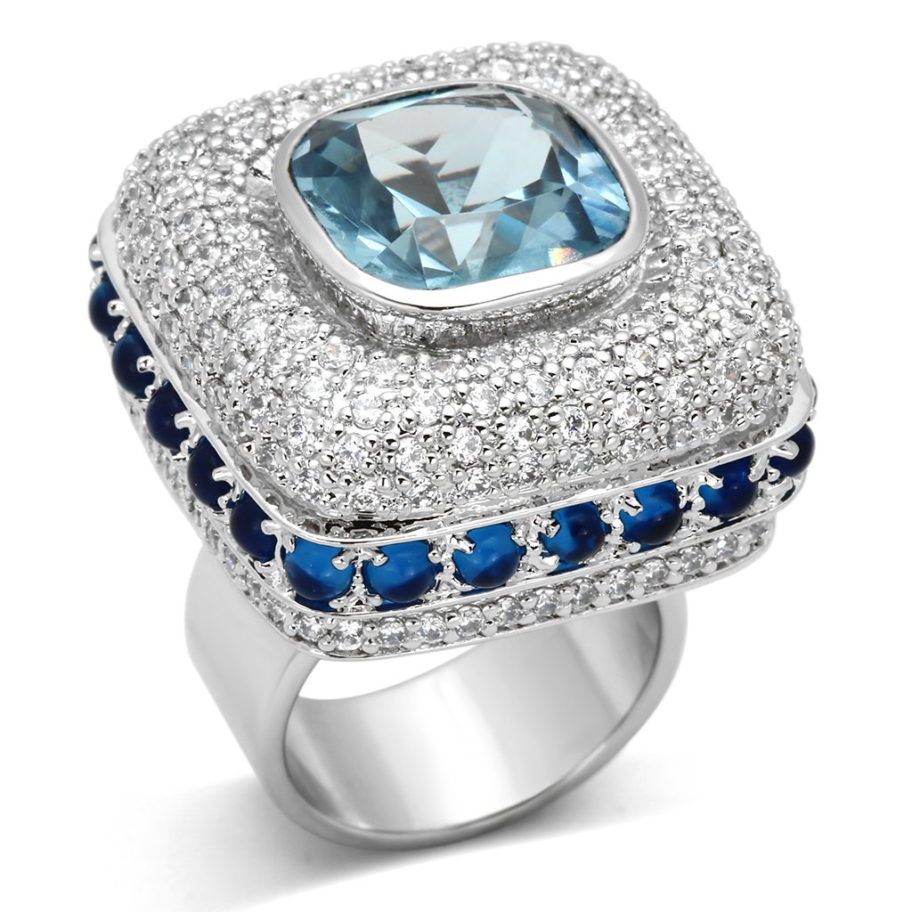 LOA861 Rhodium Brass Ring featuring a synthetic London Blue Spinel, showcasing its elegant design and luxurious finish.