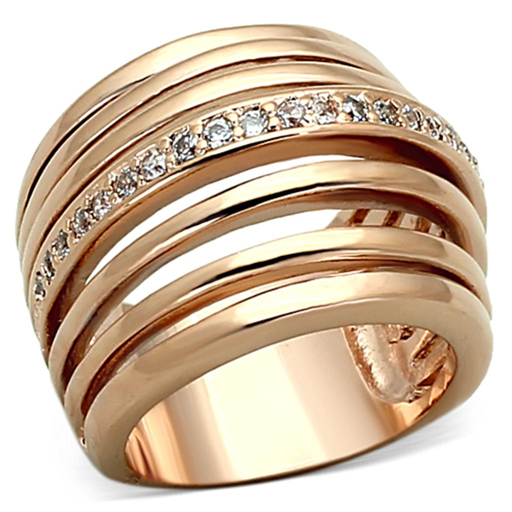 LOA890 Rose Gold Brass Ring featuring a clear AAA Grade CZ stone, elegantly designed with a polished finish.