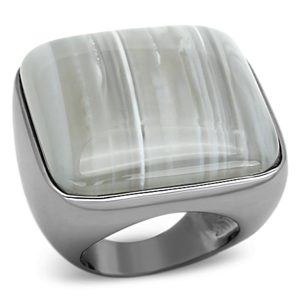 LOA905 Ruthenium Brass Ring featuring a light gray semi-precious agate stone, elegantly designed for everyday wear.