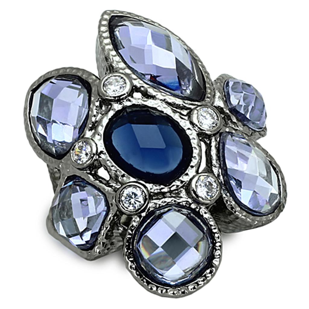 LOA906 Ruthenium Brass Ring featuring a vibrant multi-color synthetic glass stone, elegantly designed for modern jewelry lovers.