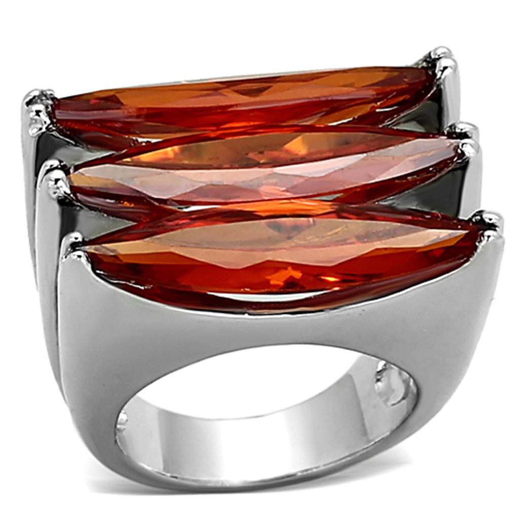 LOA917 Rhodium Brass Ring featuring a vibrant orange AAA Grade CZ stone, elegantly designed for style and comfort.