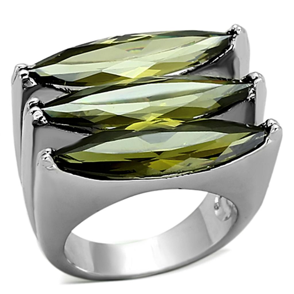 LOA918 Rhodium Brass Ring featuring AAA Grade CZ in olivine color, showcasing its elegant design and brilliant shine.