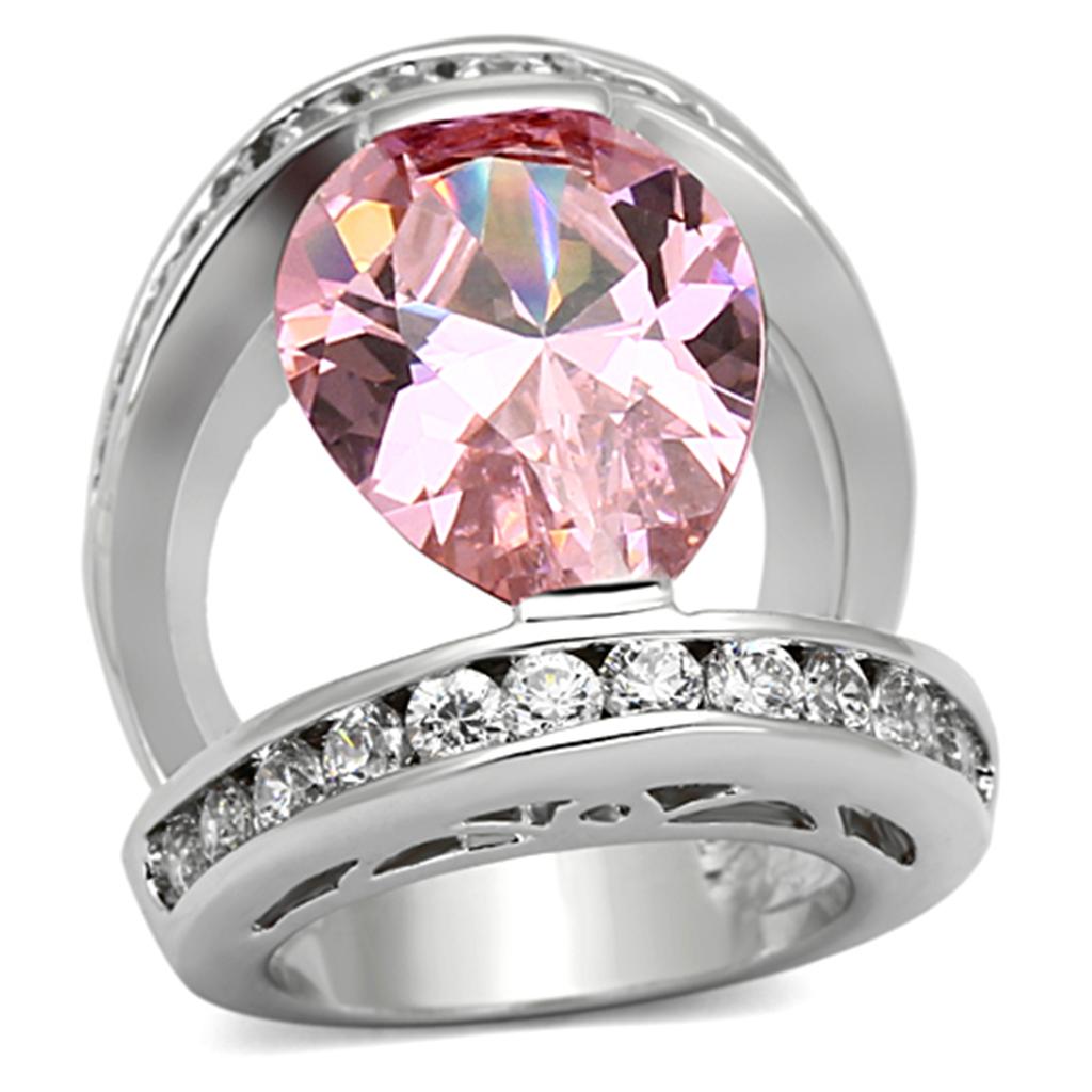 LOA924 Rhodium Brass Ring featuring AAA Grade CZ in rose color, showcasing its elegant design and sparkling center stone.