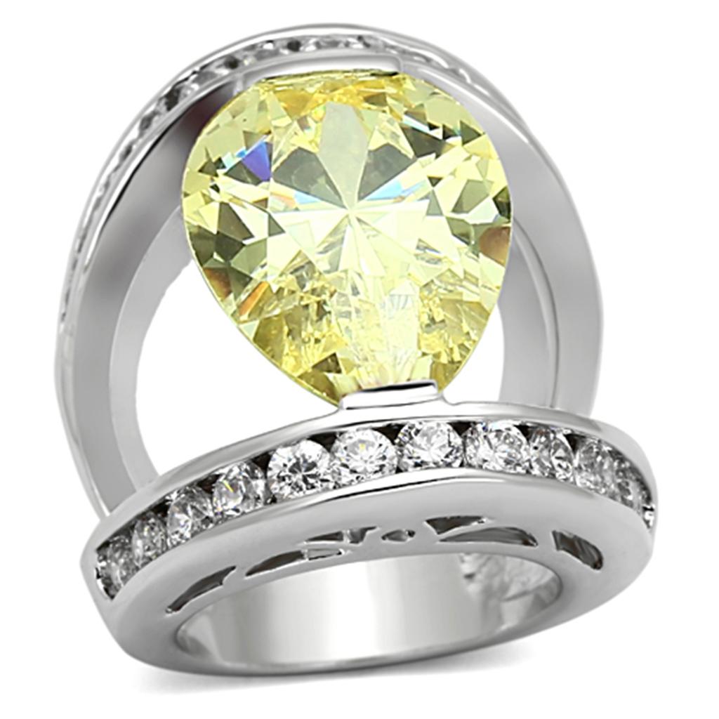 LOA925 Rhodium Brass Ring featuring AAA Grade CZ in vibrant Citrine Yellow, showcasing its elegant design and luxurious finish.