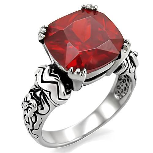 LOA959 High Polished Stainless Steel Ring featuring a vibrant Siam AAA Grade CZ center stone, showcasing its elegant design and shine.