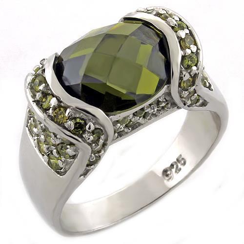 LOAS1016 High-Polished 925 Sterling Silver Ring featuring AAA Grade CZ stone in Peridot color, showcasing its elegant design and shine.