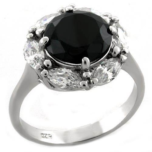 LOAS1044 Rhodium 925 Sterling Silver Ring featuring AAA Grade CZ in Jet color, showcasing its elegant design and high-quality materials.