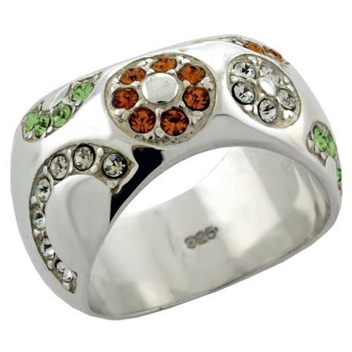 LOAS1073 High-Polished 925 Sterling Silver Ring with multi-color crystals, showcasing its elegant design and shine.