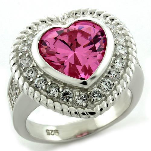 LOAS1090 High-Polished 925 Sterling Silver Ring featuring AAA Grade CZ stones in rose color, showcasing its elegant design and shine.