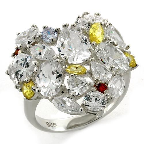 LOAS1129 High-Polished 925 Sterling Silver Ring featuring a vibrant multi-color AAA Grade CZ center stone, elegantly designed for any occasion.