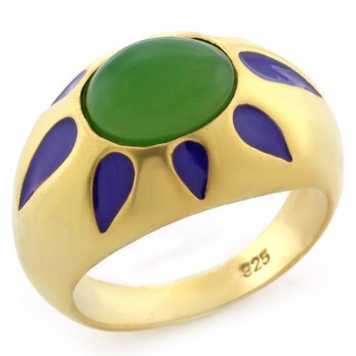 LOAS1131 Matte Gold 925 Sterling Silver Ring featuring a vibrant synthetic jade center stone in emerald color.
