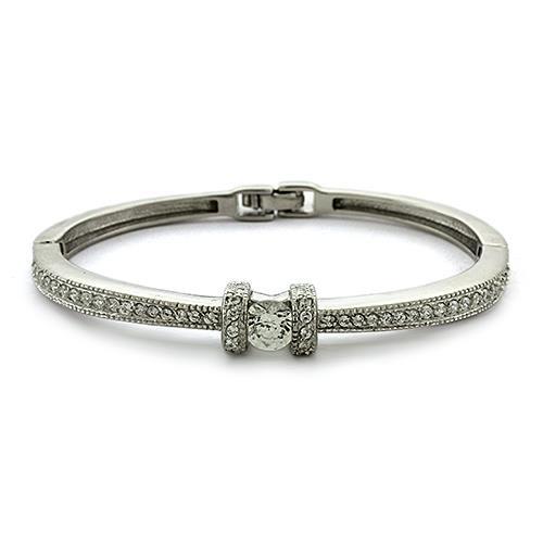 LOAS1329 Rhodium 925 Sterling Silver Bangle featuring a clear AAA grade CZ stone, showcasing its elegant design and high-quality materials.