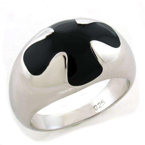 LOAS1169 Rhodium 925 Sterling Silver Ring featuring a glossy jet epoxy stone, showcasing its elegant design and high-quality materials.