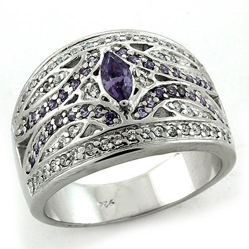LOAS1186 Rhodium 925 Sterling Silver Ring featuring an AAA Grade CZ stone in Amethyst color, showcasing its elegant design.