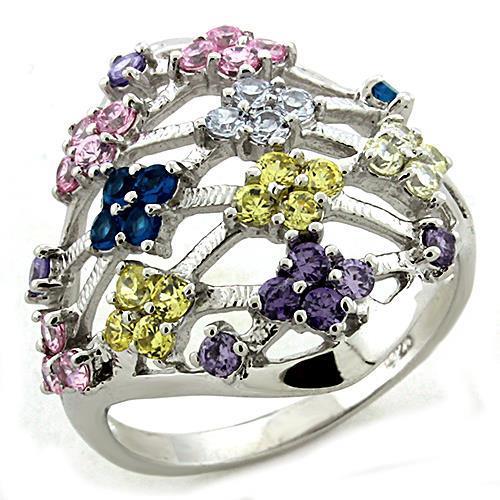 LOAS1195 Rhodium 925 Sterling Silver Ring featuring AAA Grade CZ stones in a multi-color design, showcasing its elegant craftsmanship.