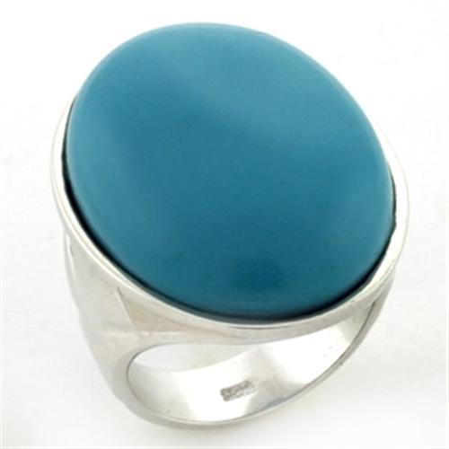LOAS760 Rhodium 925 Sterling Silver Ring featuring a vibrant synthetic turquoise stone, showcasing its elegant design and shiny finish.