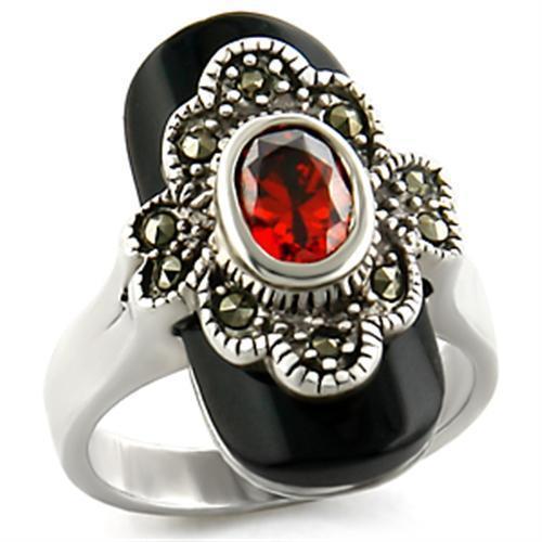 LOAS935 Antique Tone 925 Sterling Silver Ring featuring AAA Grade CZ in garnet color, showcasing its elegant design and vintage finish.