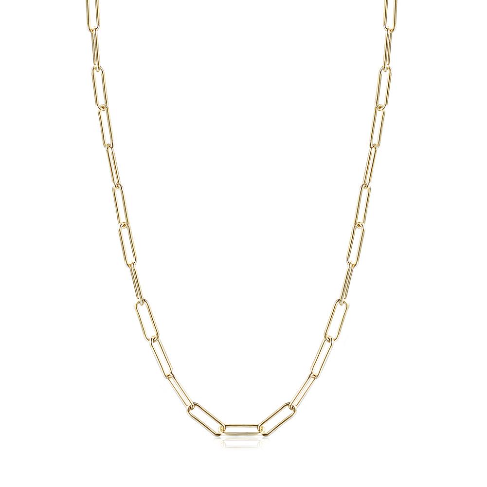 A stylish Long Linear Link Chain Necklace made of 316L surgical stainless steel with 14K gold PVD plating, showcasing its elegant design.