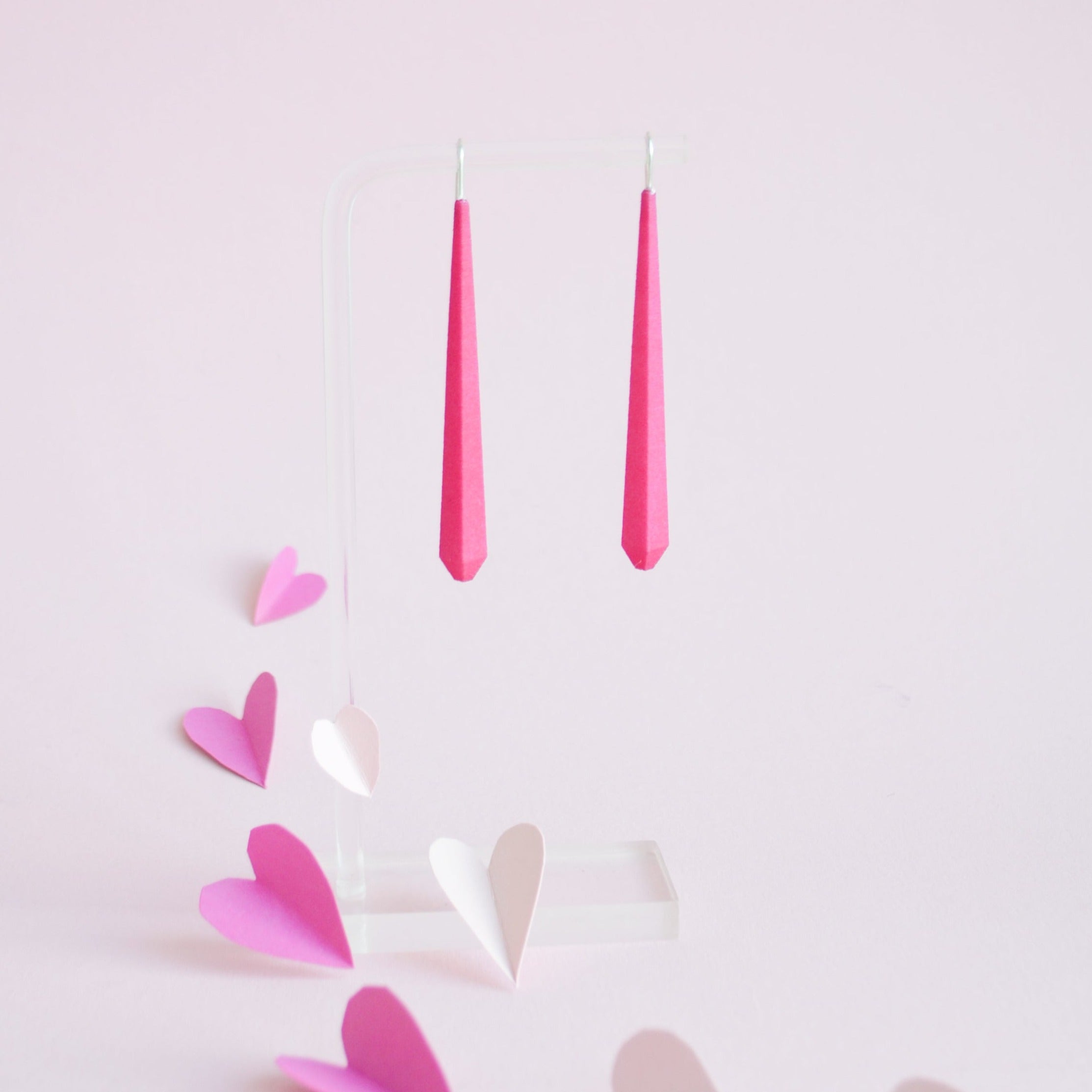 Long Pentagon Earrings XL in vibrant colors with sterling silver hooks, showcasing a modern geometric design.