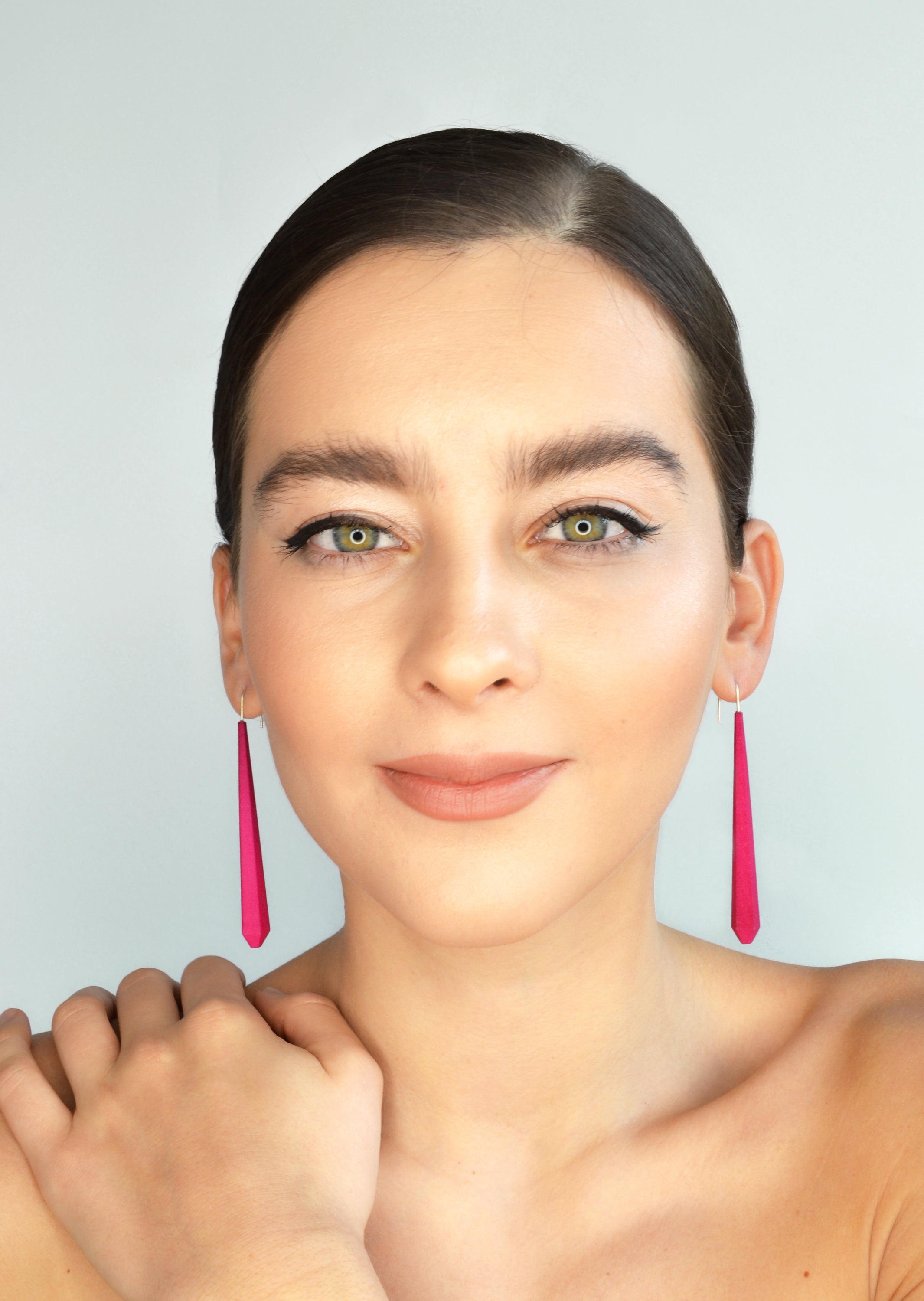 Long Pentagon Earrings XL in vibrant colors with sterling silver hooks, showcasing a modern geometric design.