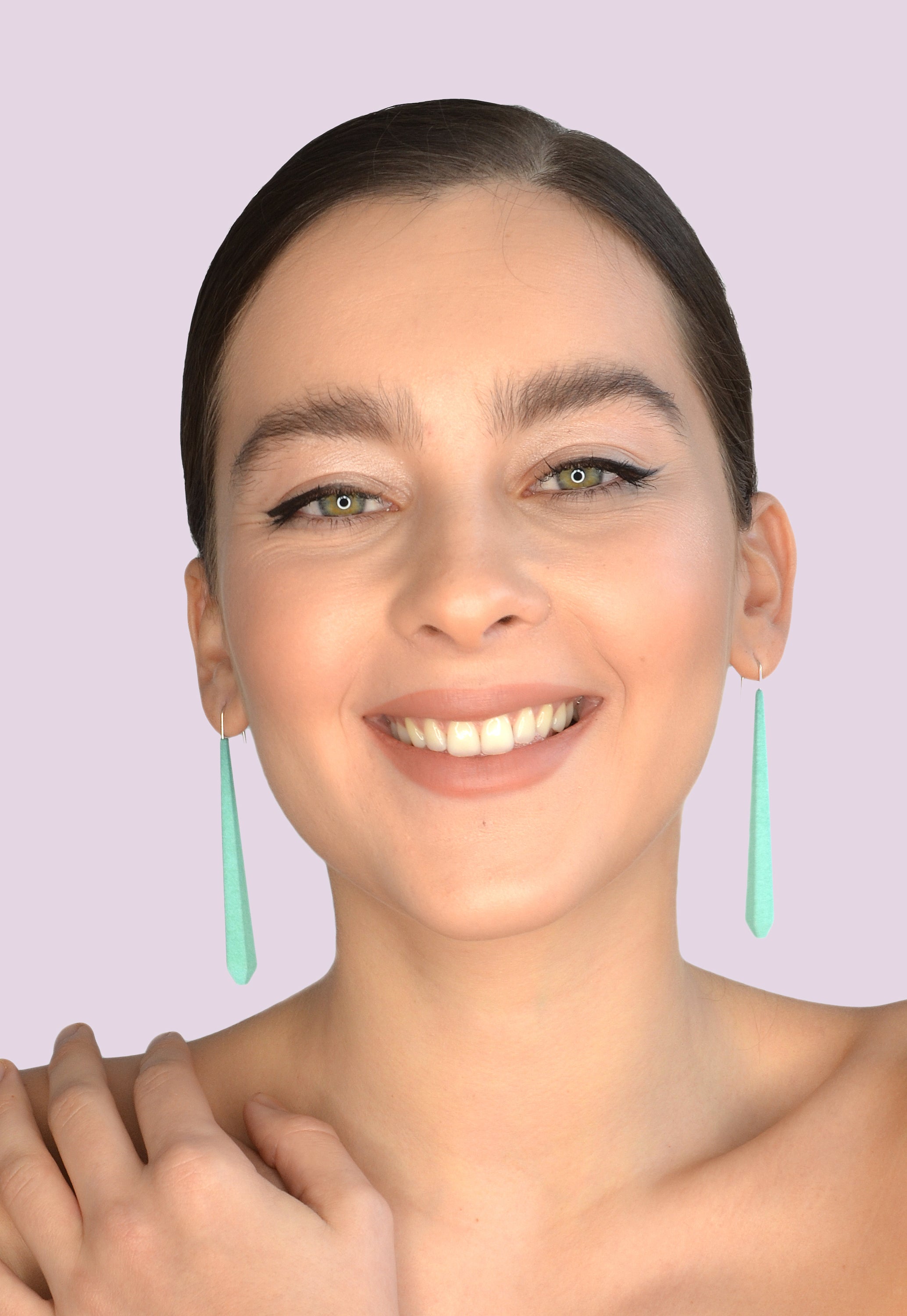 Long Pentagon Earrings XL in vibrant colors with sterling silver hooks, showcasing a modern geometric design.