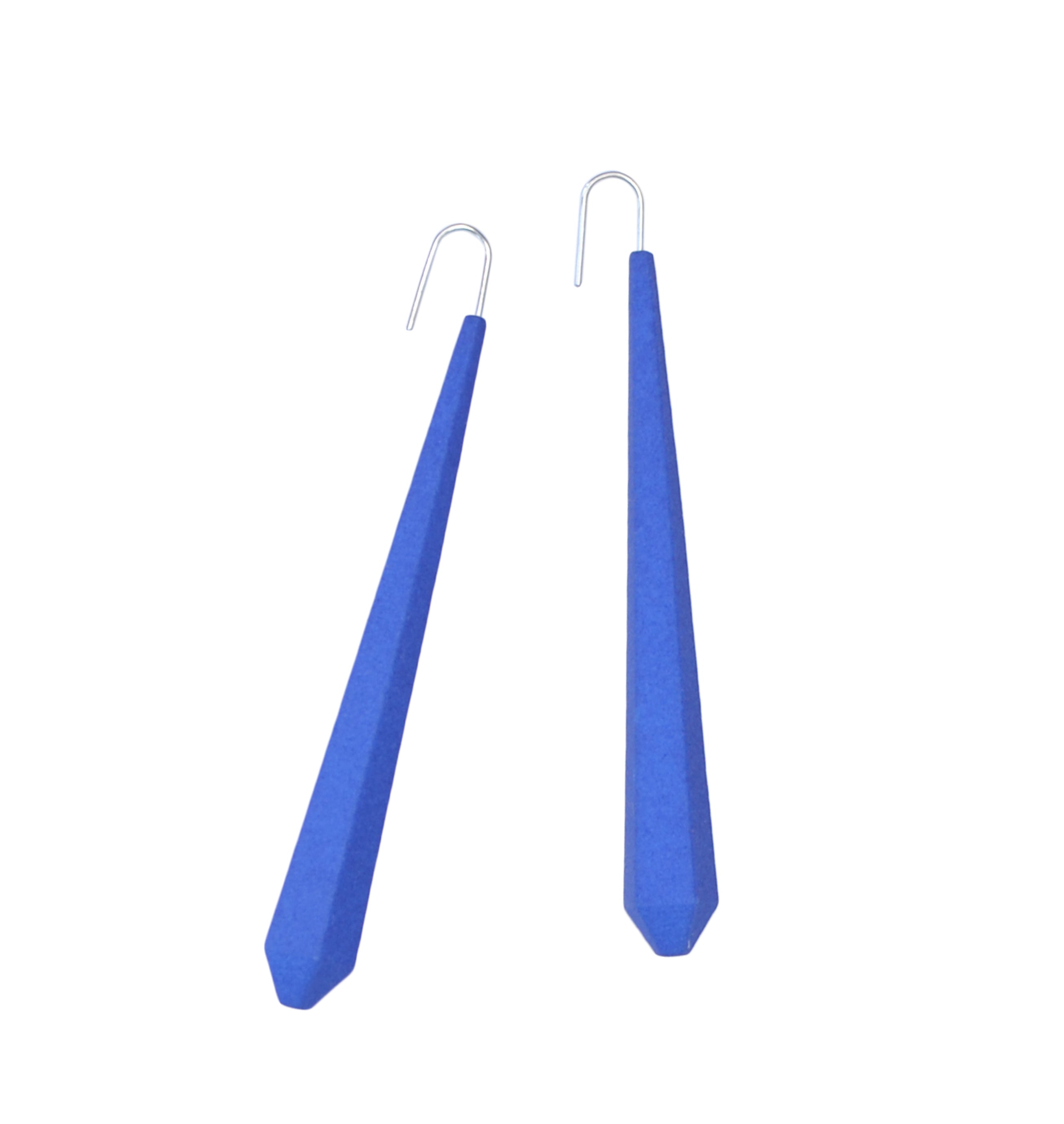 Long Pentagon Earrings XL in vibrant colors with sterling silver hooks, showcasing a modern geometric design.