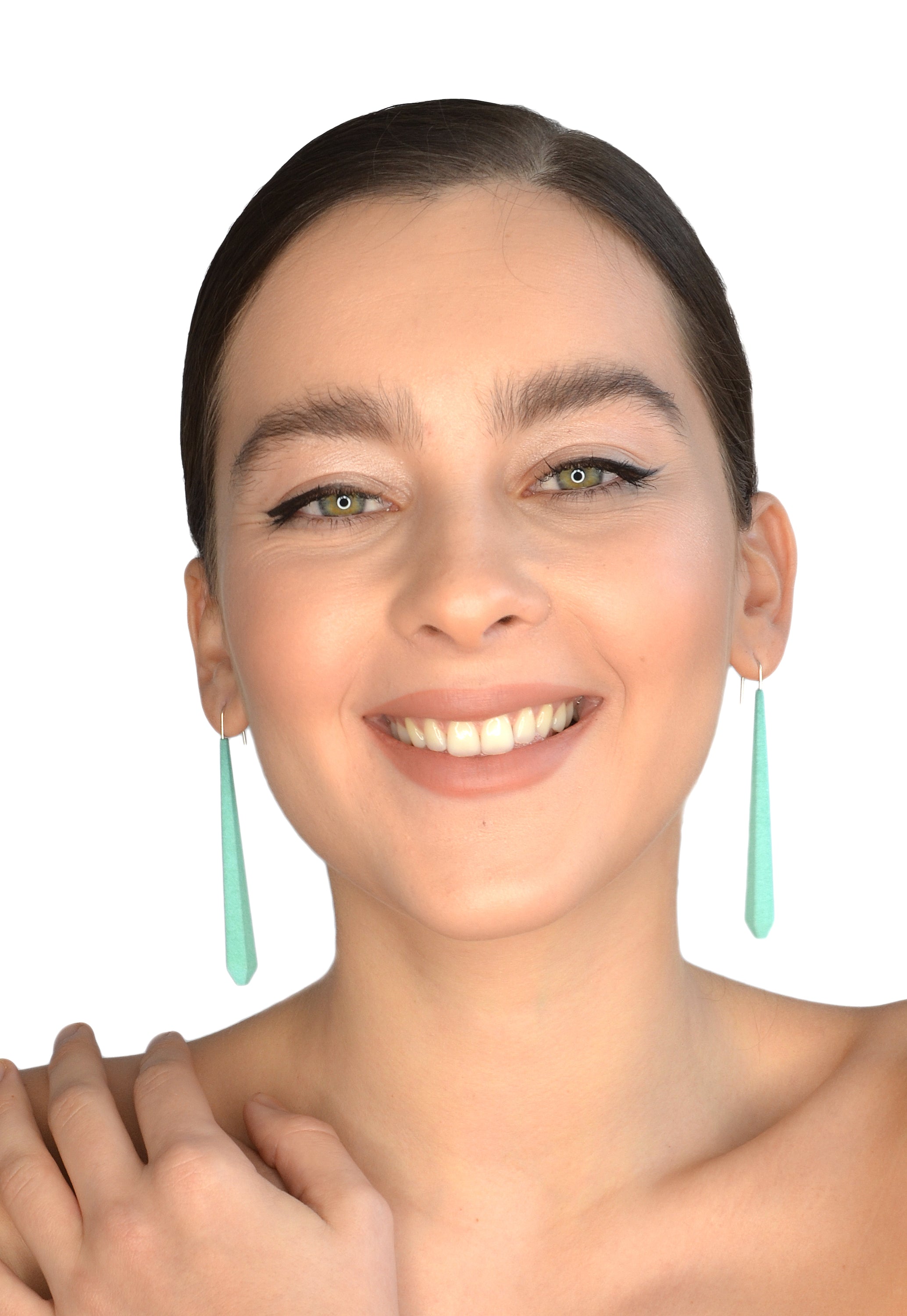 Long Pentagon Earrings XL in vibrant colors with sterling silver hooks, showcasing a modern geometric design.