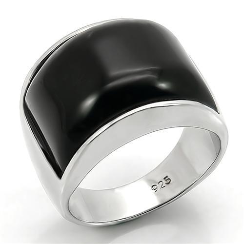 LOS105 Rhodium 925 Sterling Silver Ring featuring a jet synthetic glass center stone, showcasing a sleek and elegant design.