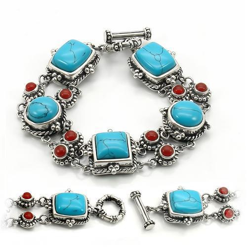 LOS270 Antique Tone 925 Sterling Silver Bracelet featuring a vibrant turquoise semi-precious stone, showcasing its elegant design and craftsmanship.