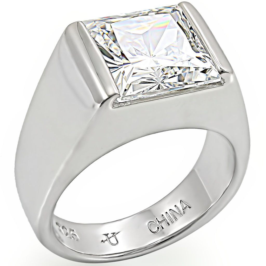 LOS374 Rhodium 925 Sterling Silver Ring featuring a clear AAA Grade CZ stone, showcasing its elegant design and high-quality finish.