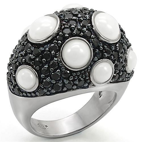 LOS376 Rhodium + Ruthenium 925 Sterling Silver Ring featuring a Milky CZ stone, showcasing its elegant design and luxurious finish.