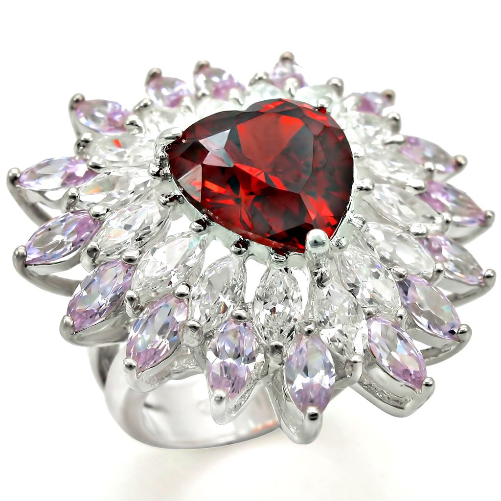 LOS399 High-Polished 925 Sterling Silver Ring featuring AAA Grade CZ stone in garnet color, showcasing its elegant design and shine.