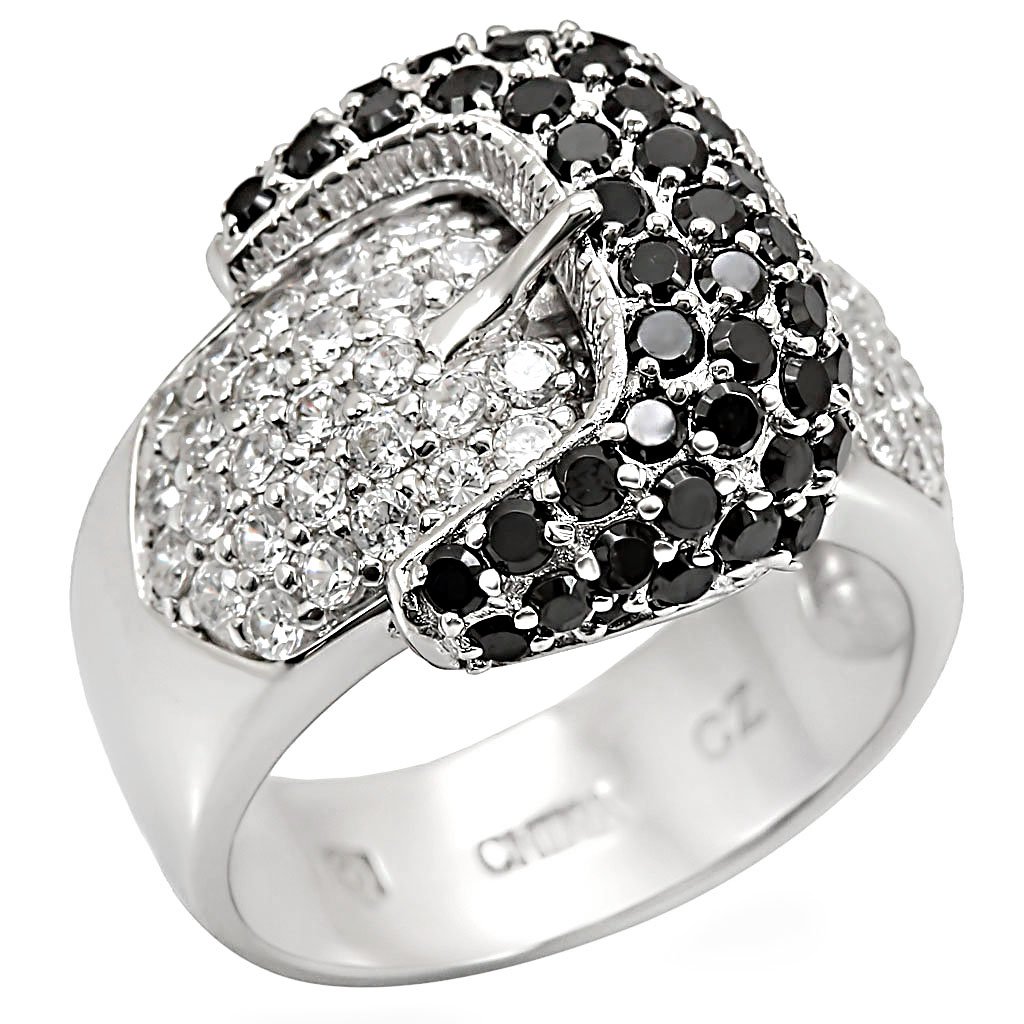 LOS415 Rhodium 925 Sterling Silver Ring featuring a black AAA Grade CZ stone, showcasing elegance and craftsmanship.