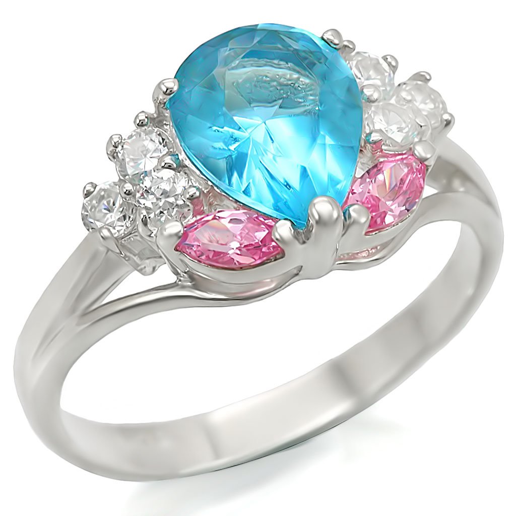 LOS450 Silver 925 Sterling Silver Ring featuring a sea blue synthetic glass stone, showcasing elegant craftsmanship and a classic design.