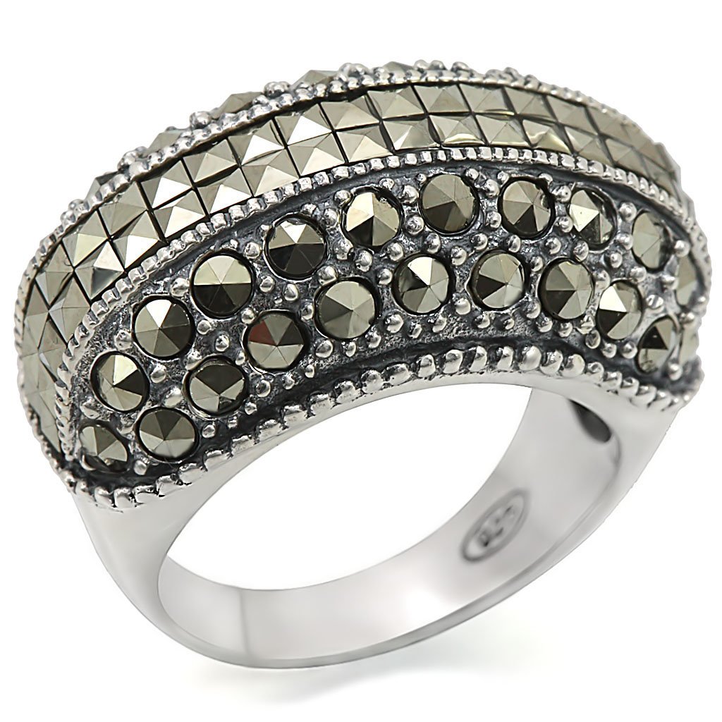 LOS466 Antique Tone 925 Sterling Silver Ring featuring a synthetic black diamond marcasite center stone, showcasing vintage elegance.