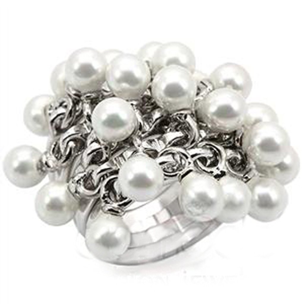 LOS447 Rhodium 925 Sterling Silver Ring featuring a white synthetic pearl centerpiece, showcasing elegance and sophistication.