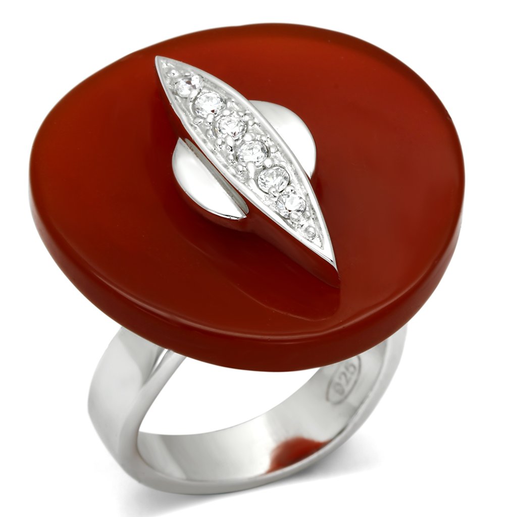 LOS565 Rhodium 925 Sterling Silver Ring featuring a garnet agate stone, showcasing its elegant design and craftsmanship.