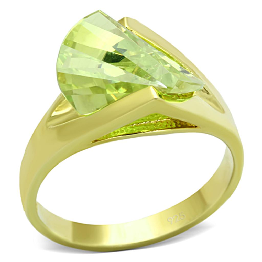 LOS647 Gold 925 Sterling Silver Ring featuring a vibrant apple green AAA Grade CZ stone, elegantly designed for a luxurious look.